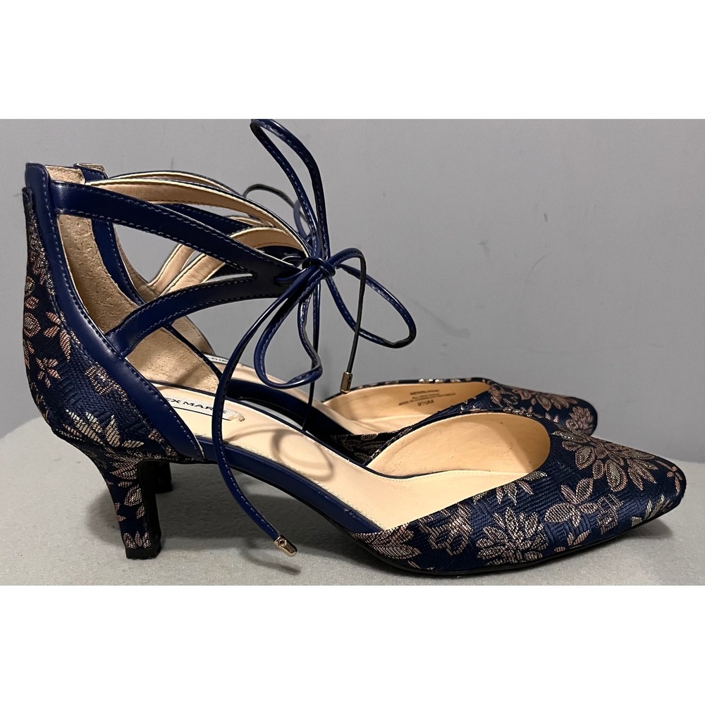 Alex Marie Newburne Navy Blue Gold Floral Jacquard Ankle Tie Kitten Heels 9.5M - Picture 3 of 11